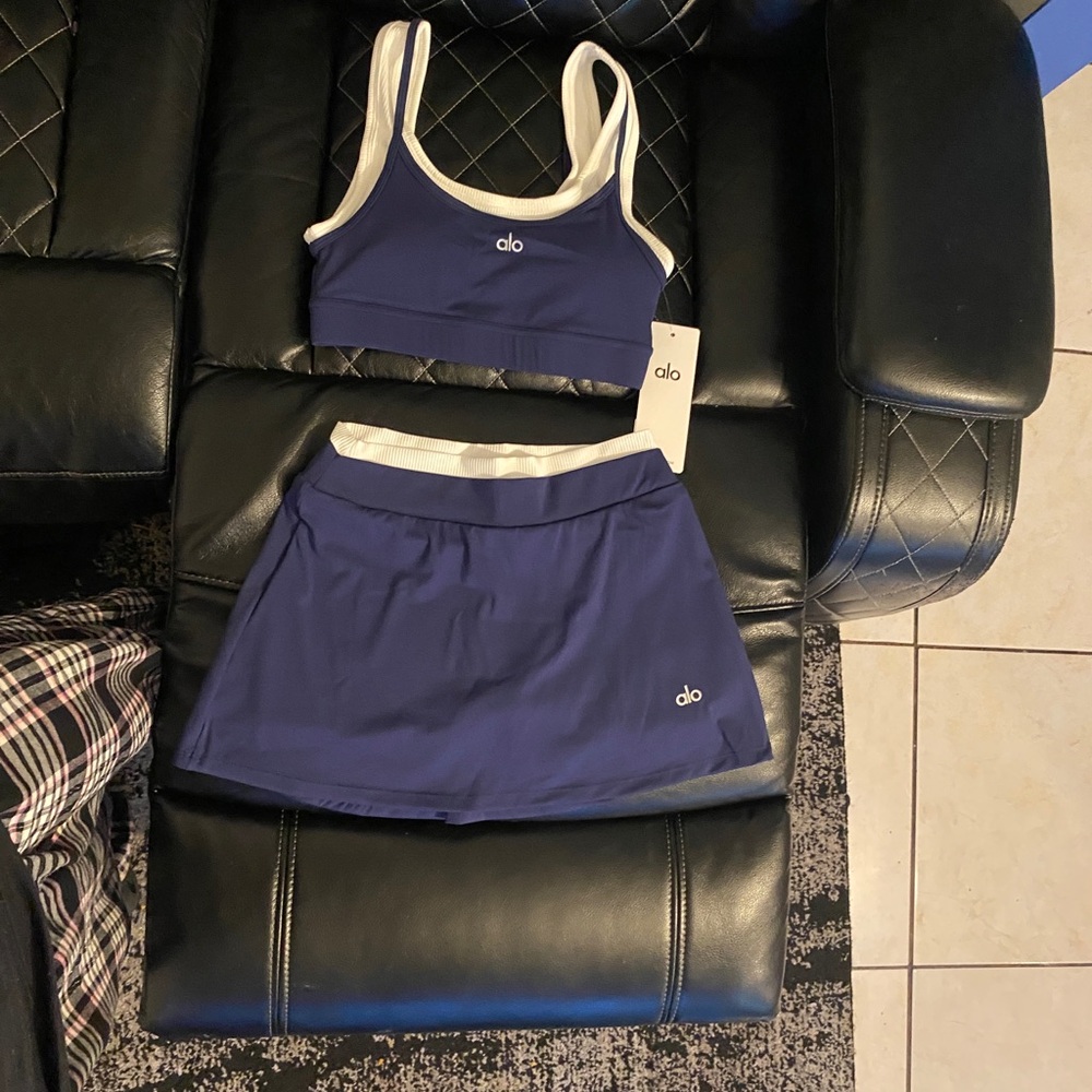 ALO Yoga Navy and White Sports Bra and Skort Set